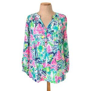 Lilly Pulitzer Women's M Salt In The Air Elsa Top Multicolor Silk Long Sleeve